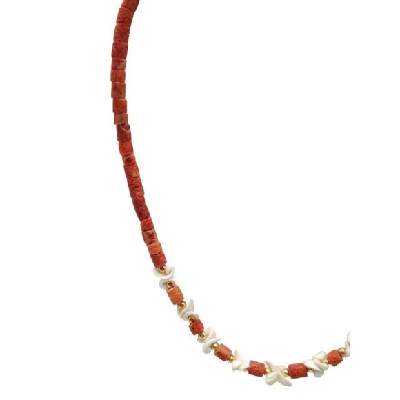 Vintage Red Coral White MOP Shell Beaded Necklace With Metal Clasp - Picture 2 of 6